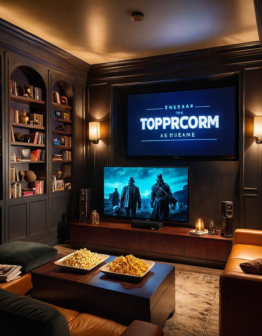 A cozy home theater setup with a large screen displaying an iconic film scene, plush seating with popcorn and drinks, subtle ambient lighting creating a cinematic atmosphere, and a bookshelf in the background filled with film critique books. The image conveys warmth and excitement, inviting viewers to enhance their movie experience. super-realistic. vibrant colors. cozy ambiance.