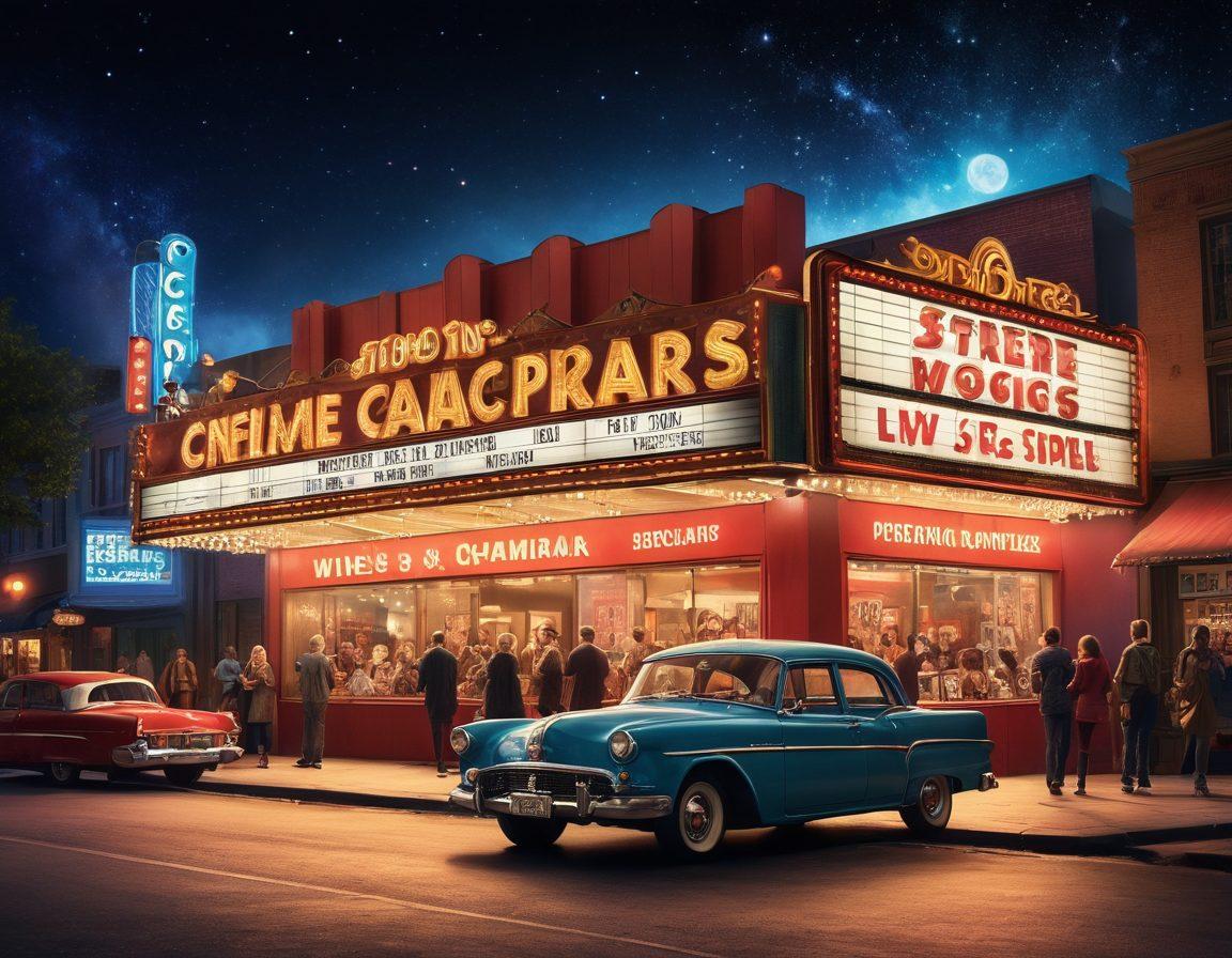 A whimsical cinema scene showcasing a vibrant movie theater with a glowing marquee highlighting the title 'Unlocking the Magic of Cinema'. Include an audience of diverse people enjoying popcorn, with film reels and magical sparkles in the air, creating an enchanting atmosphere. The backdrop features iconic film posters, blending classic and contemporary styles. Bright colors give the image a lively energy. super-realistic. vibrant colors. 3D.